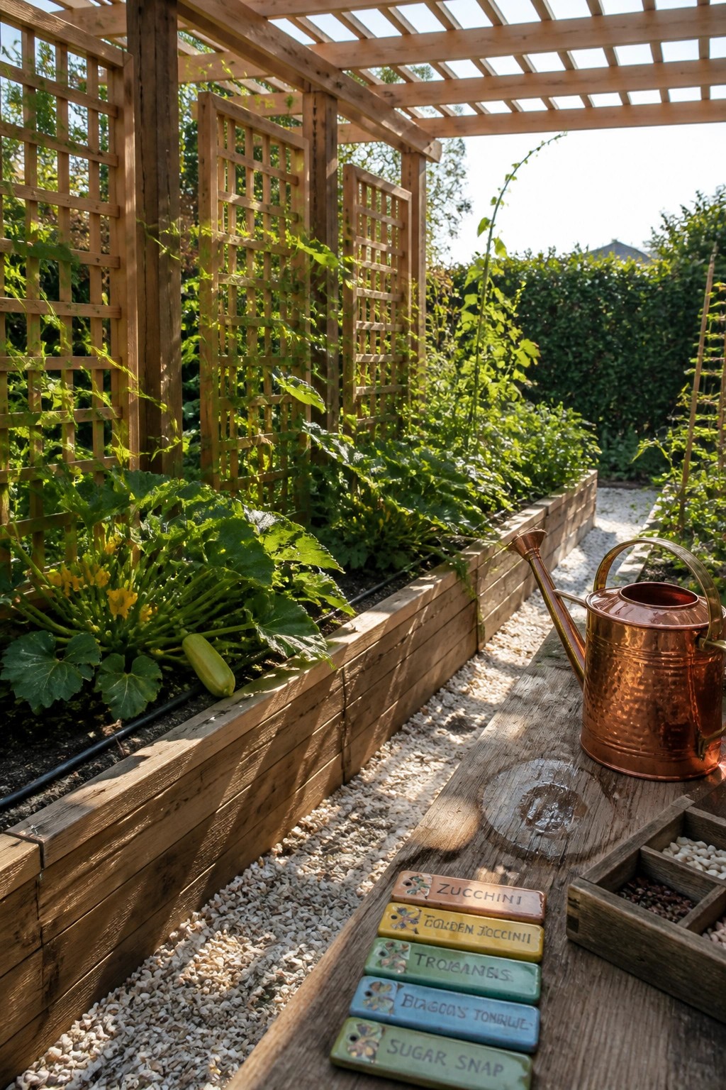 Wooden raised beds with zucchini plants, copper watering can, and colorful labels