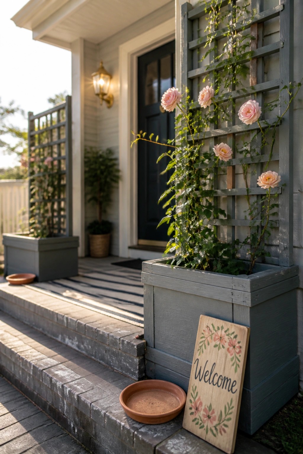 A gray wooden raised garden bed fitted with a trellis holds climbing pink roses next to the steps of a house entrance.