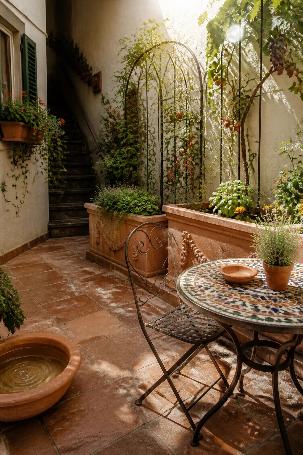 A courtyard patio with terracotta raised garden beds fitted with metal trellises holding climbing plants, beside a mosaic table and chairs on brick flooring.
