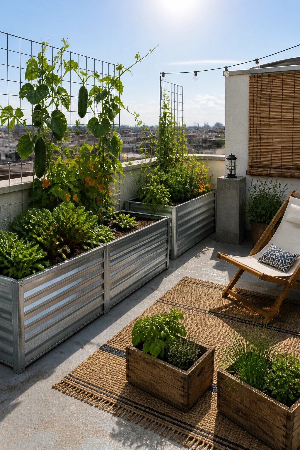 Rooftop terrace with multiple raised garden beds, some metal with attached wire trellises supporting climbing cucumber plants and others wooden, arranged on a woven rug beside a lounge chair.