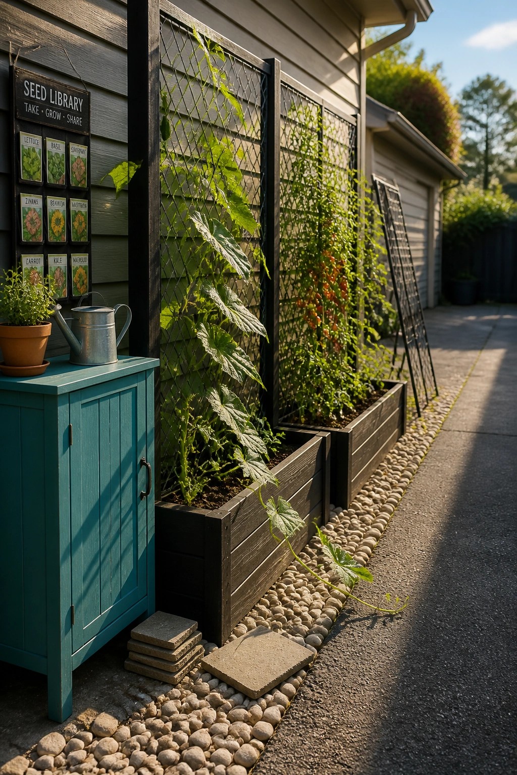Raised garden beds fitted with wire trellises and climbing plants placed along the exterior wall of a house beside a gravel path.