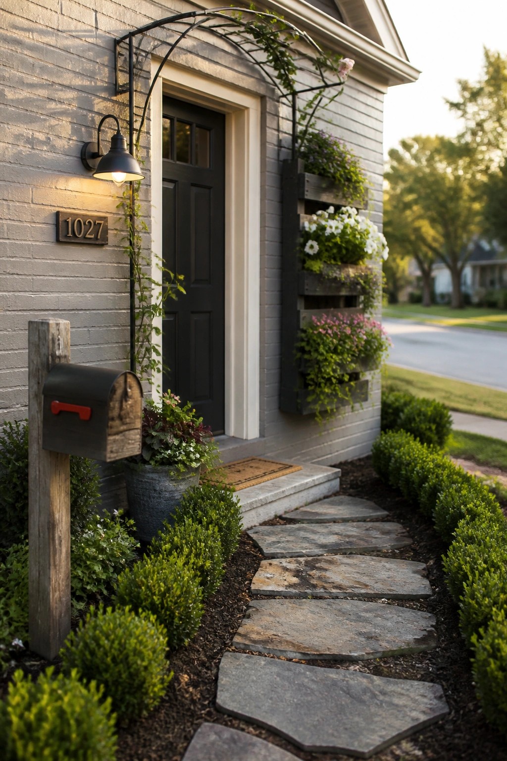 Gray house entrance with dark door, stone path, mailbox, and vertical flower garden