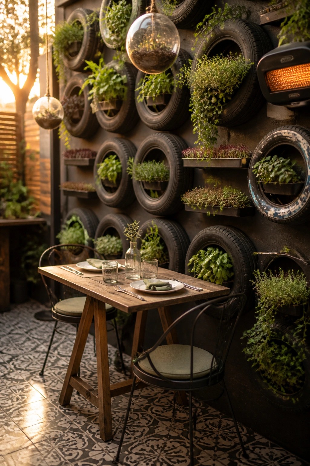 Rustic wooden table set for two against vertical garden of recycled tires