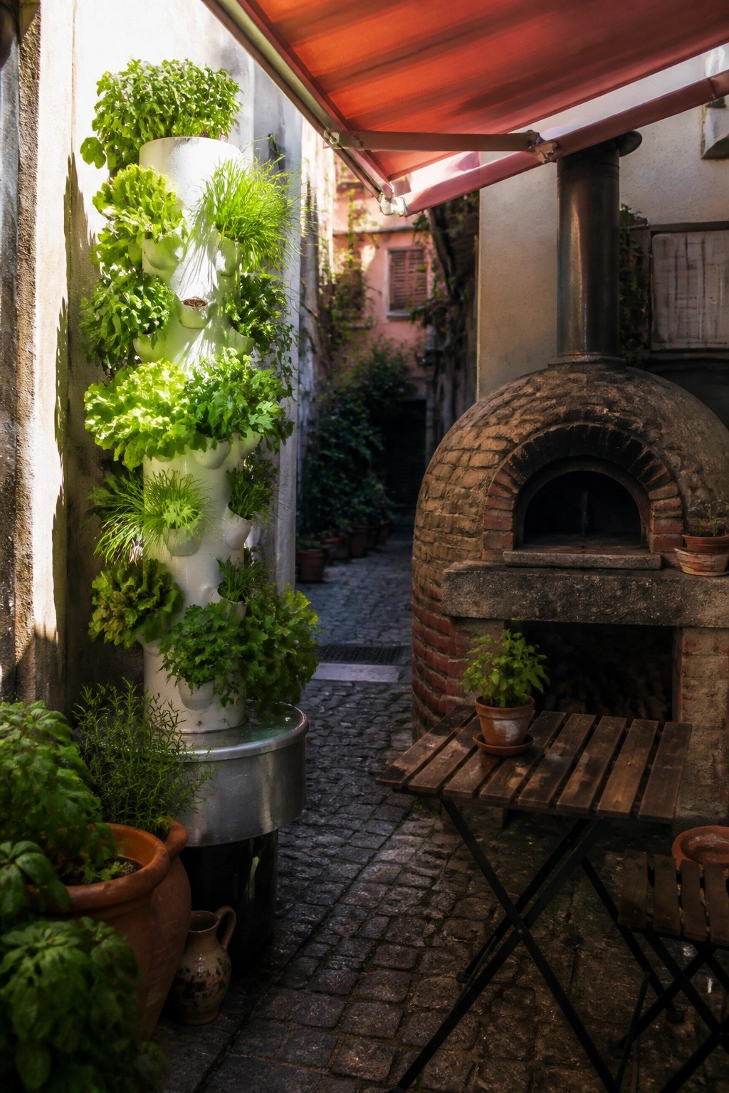 A tall white vertical planter tower with multiple levels of leafy greens stands in a narrow cobblestone alley beside a brick oven and a small wooden table.
