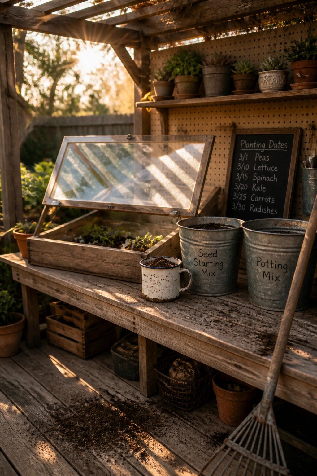Sunlit wooden workbench with open seed tray, labeled buckets, chalkboard, and rake.