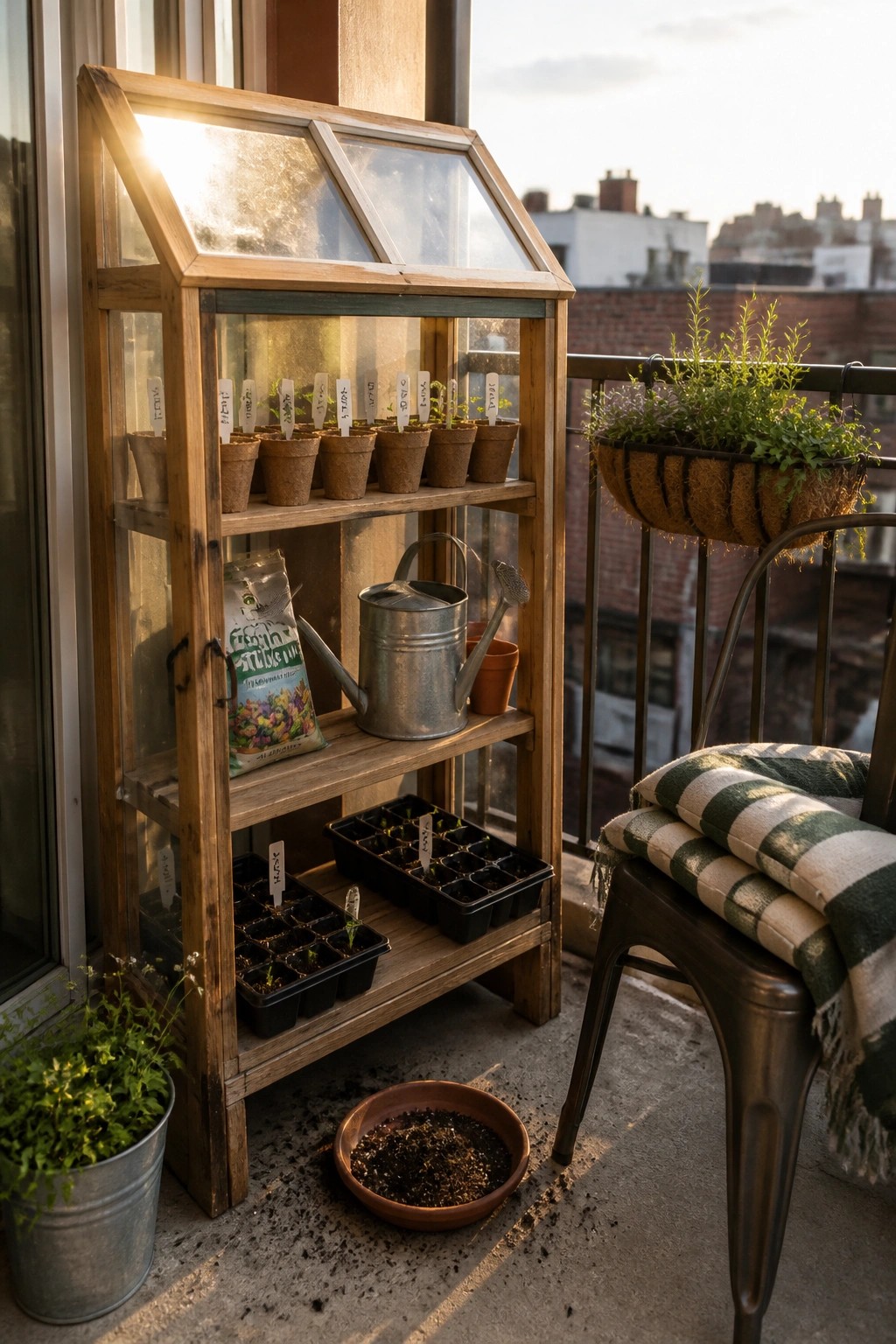 A wooden mini greenhouse with seed trays and pots stands on a balcony beside a metal chair with a striped blanket.