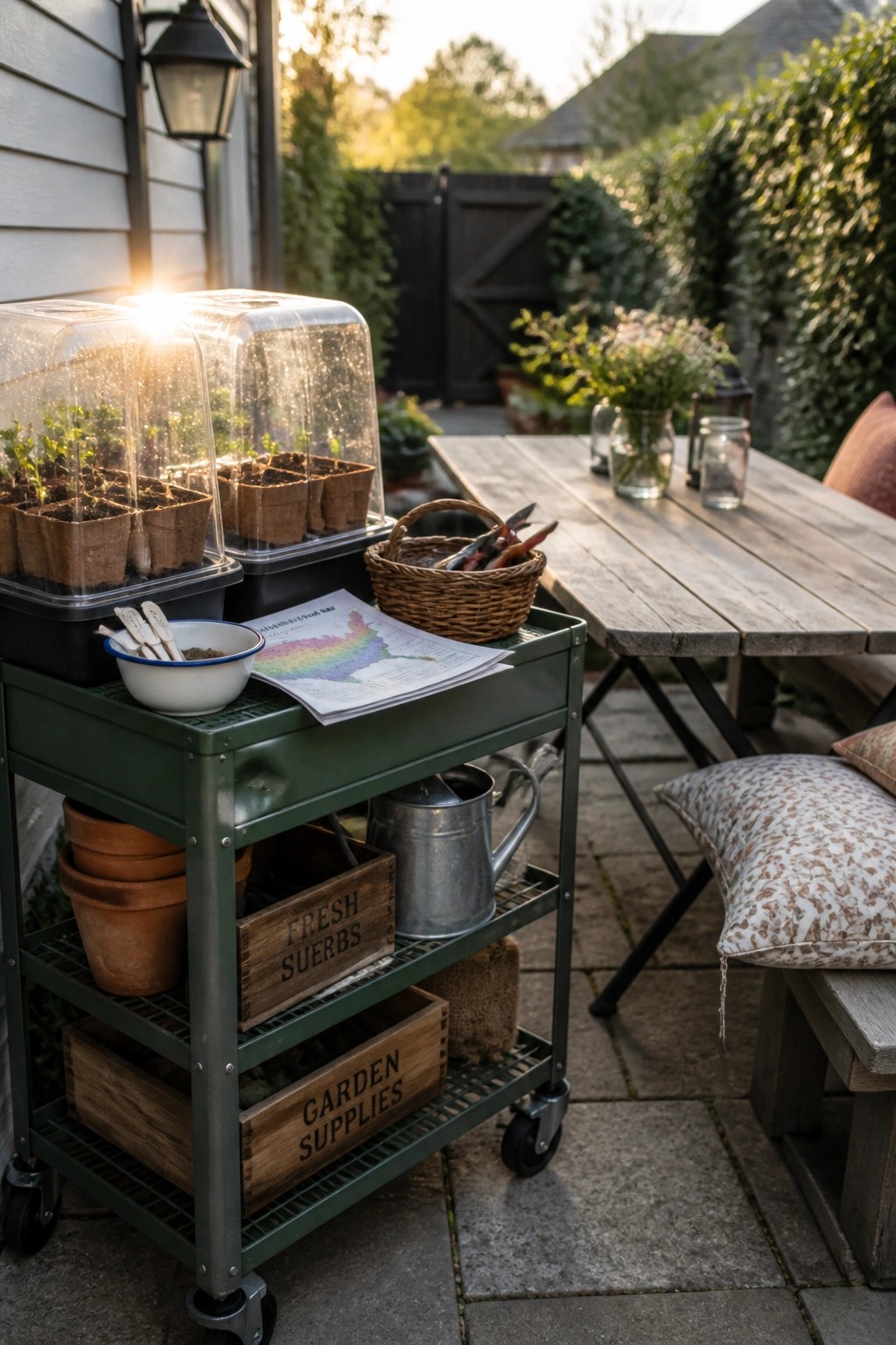 A green rolling cart on a stone patio holds two mini greenhouses with seedling trays under clear plastic covers, along with a watering can, wooden crates, and gardening supplies.