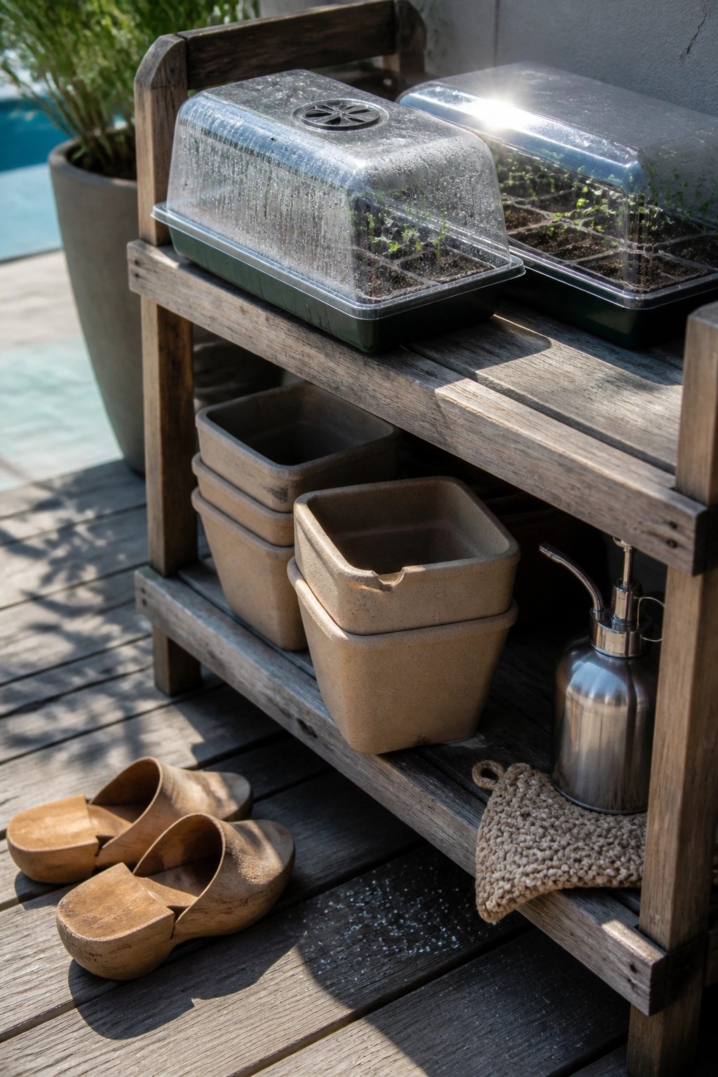 A wooden outdoor shelving unit on a deck holds two plastic-covered seed starting trays on the top shelf, with stacked pots and a metal watering can on the lower shelves.