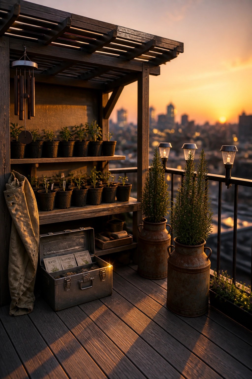 A wooden balcony at sunset features tiered shelves filled with small potted seedlings, an open metal toolbox holding seed packets, and two large rusted metal planters with tall herbs.