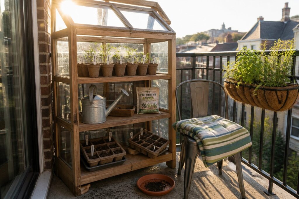 A wooden mini greenhouse with seed trays and pots stands on a balcony beside a metal chair with a striped blanket.