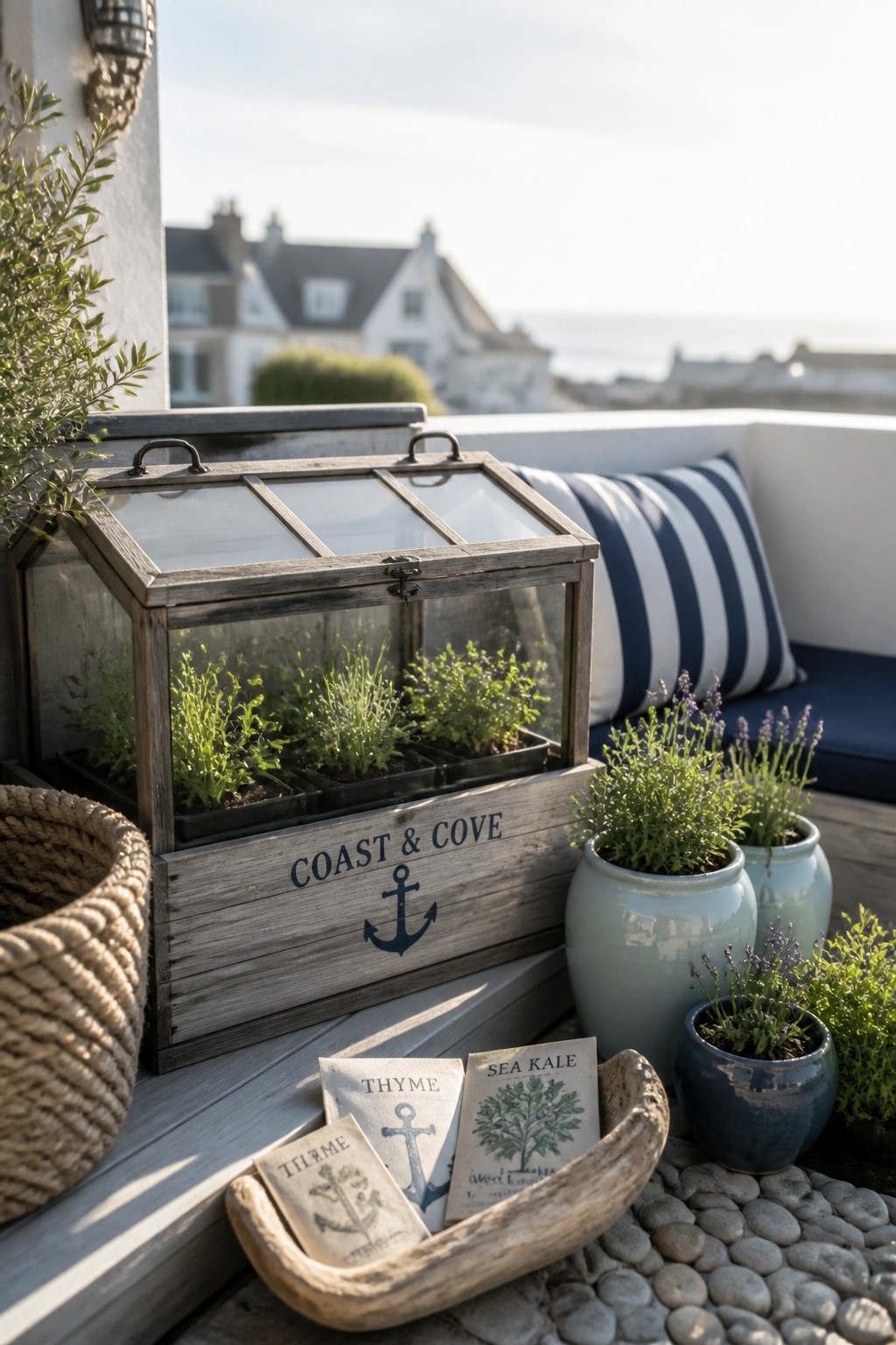 Wooden coastal crate with seedlings, potted herbs, seed packets, and striped cushion on patio