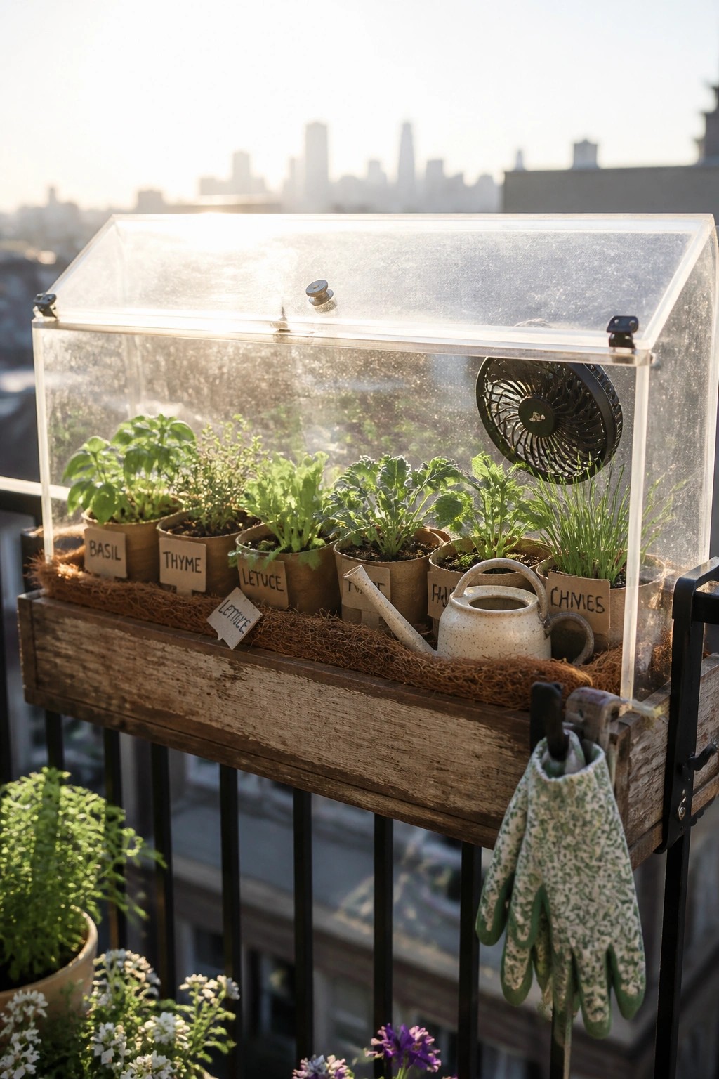 A wooden planter box with herb pots sits on a balcony railing beneath a clear plastic greenhouse cover that includes a small fan.
