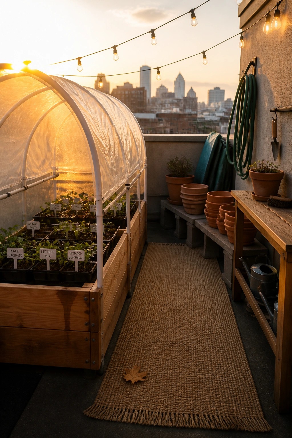 A white arched mini greenhouse with seedling trays inside sits on a city balcony next to a woven rug and stacked terracotta pots.