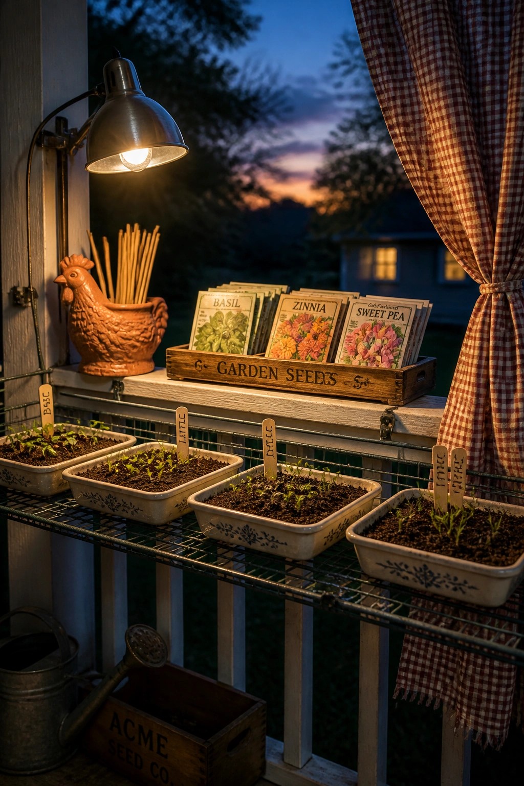 A porch at dusk with wire shelves holding white seed trays under a lit clamp lamp, a wooden box of seed packets on the railing, and gardening tools on the floor below.