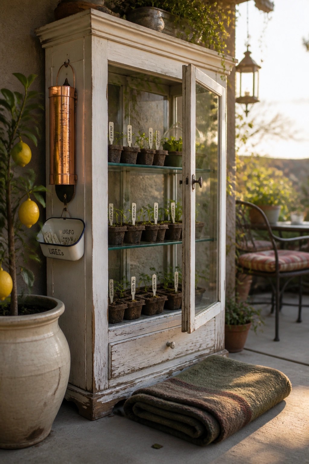A white wooden cabinet with glass doors holding rows of seedling pots on an outdoor patio beside a potted lemon tree and a folded blanket.