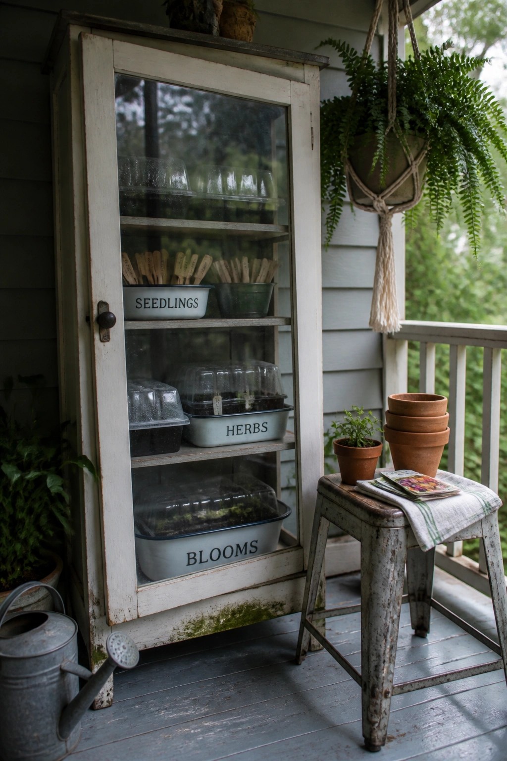 A white distressed cabinet with glass doors stands on a wooden porch and holds plastic seedling trays inside labeled bins for seedlings, herbs, and blooms.
