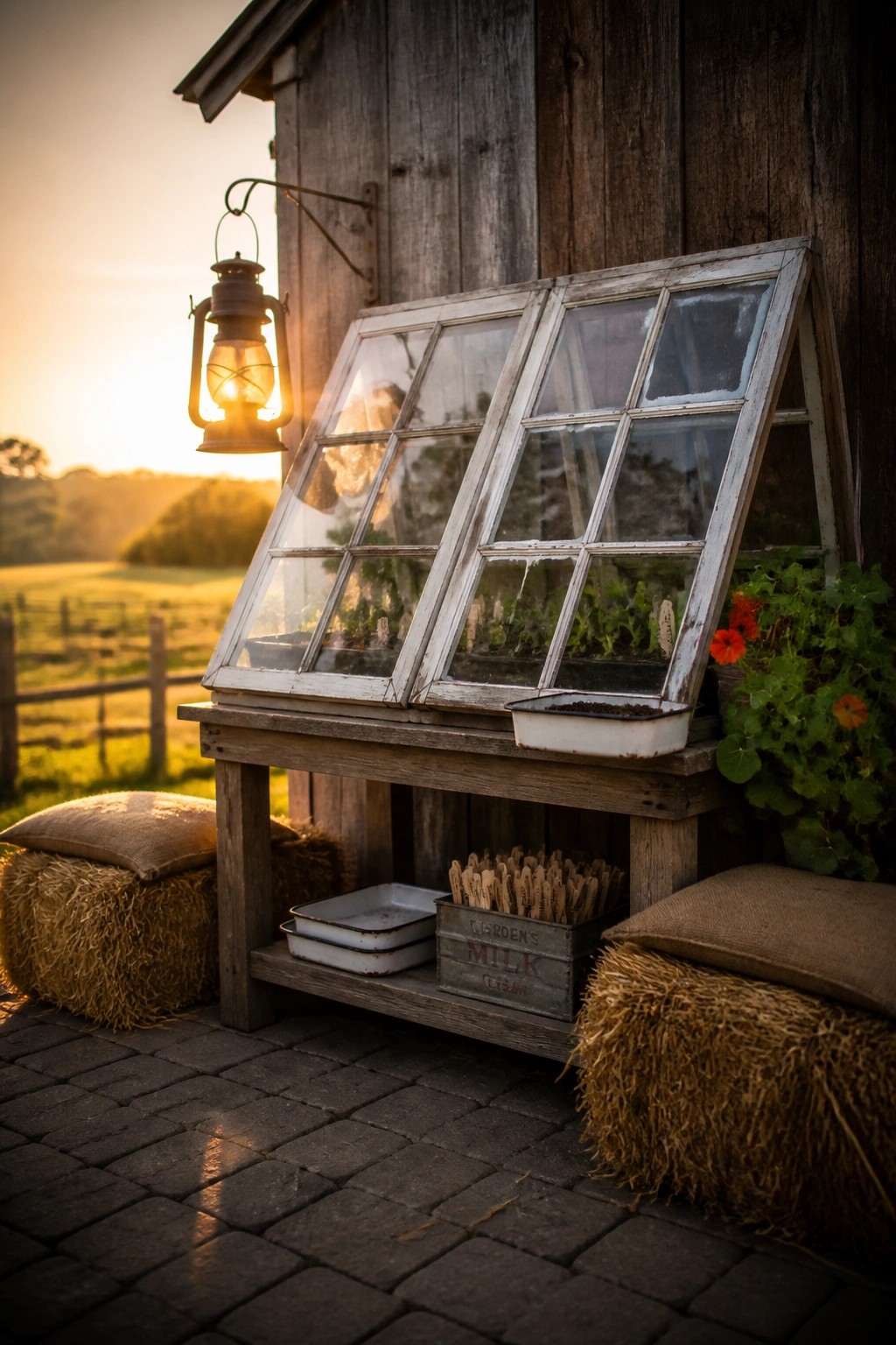 Old window frames propped on a wooden bench to create a mini greenhouse with seedling trays inside, beside a rustic shed at sunset.