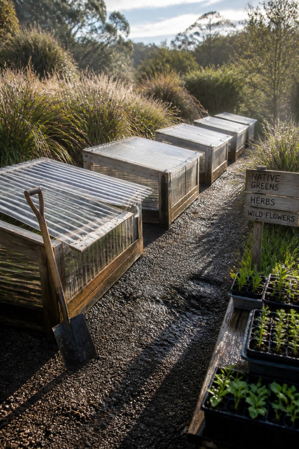 A row of wooden cold frames with clear corrugated lids lines a gravel garden path beside seedling trays and a shovel.
