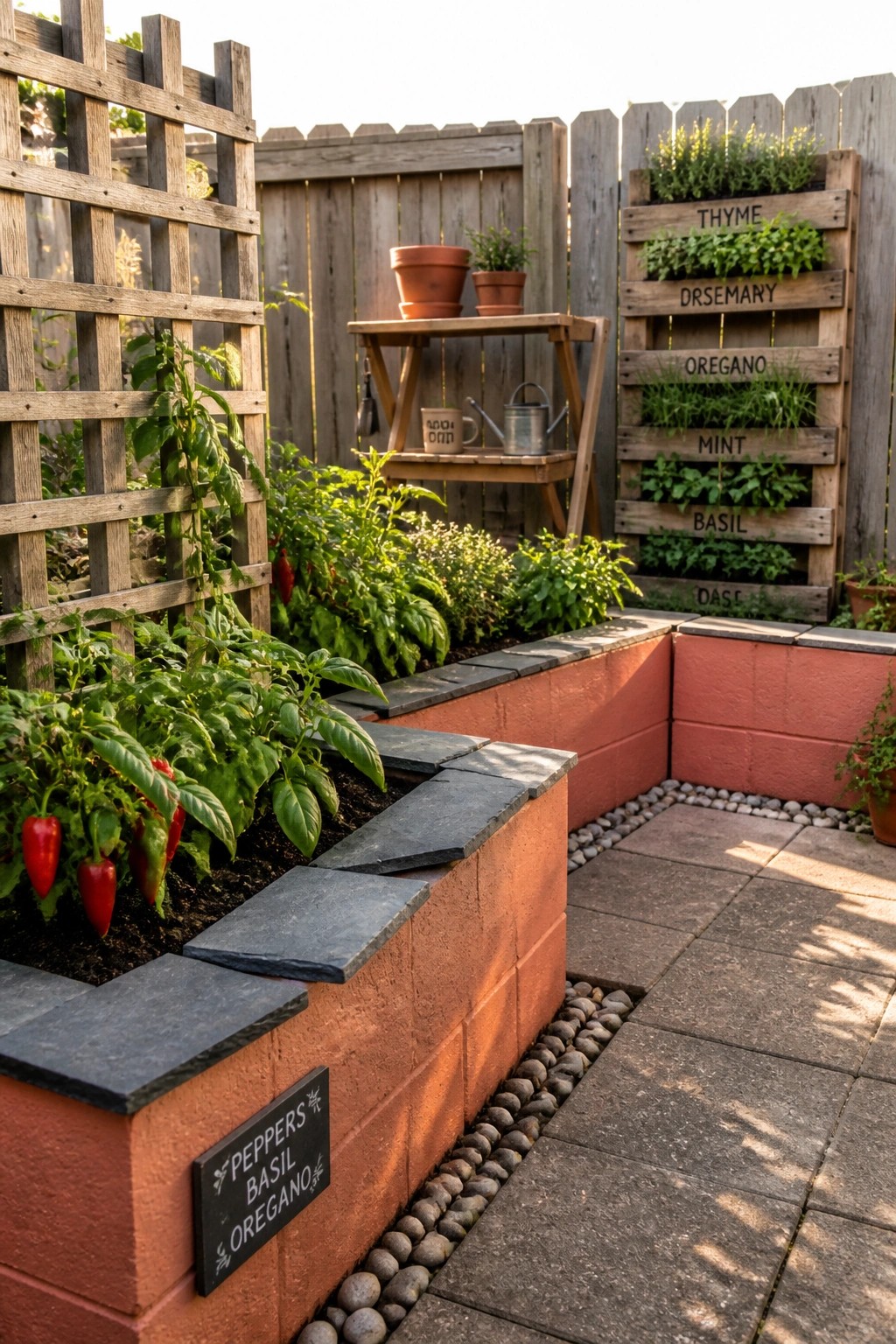 A backyard corner with L-shaped raised garden beds built from red cinder blocks topped with dark slate, filled with pepper plants and herbs, beside a wooden pallet herb garden mounted on a fence.