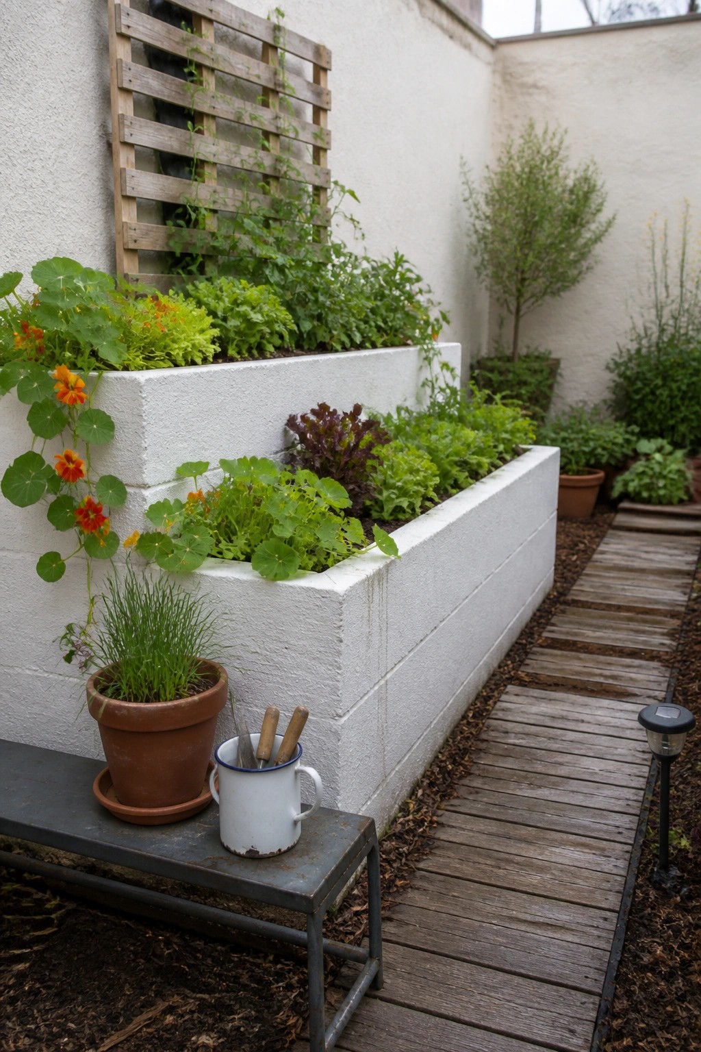 White raised beds with greens and orange flowers beside wooden garden path and bench