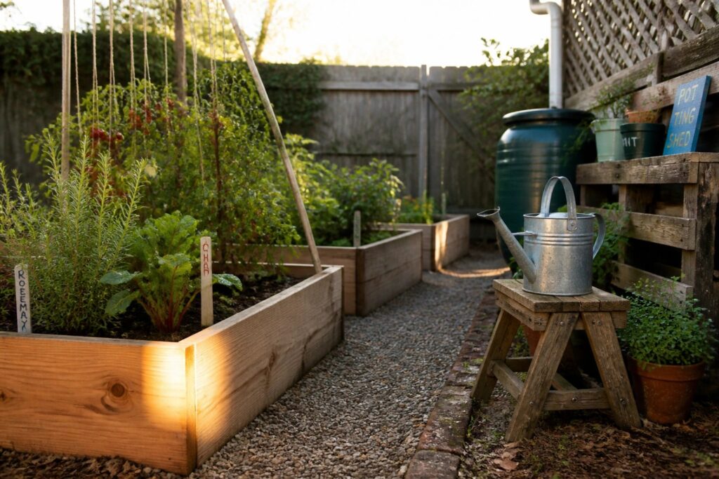 21 Affordable Raised Garden Bed Ideas for Budget Backyard Builds Several rectangular wooden raised garden beds filled with herbs and leafy vegetables sit on a gravel surface beside a fence and a metal rain barrel.