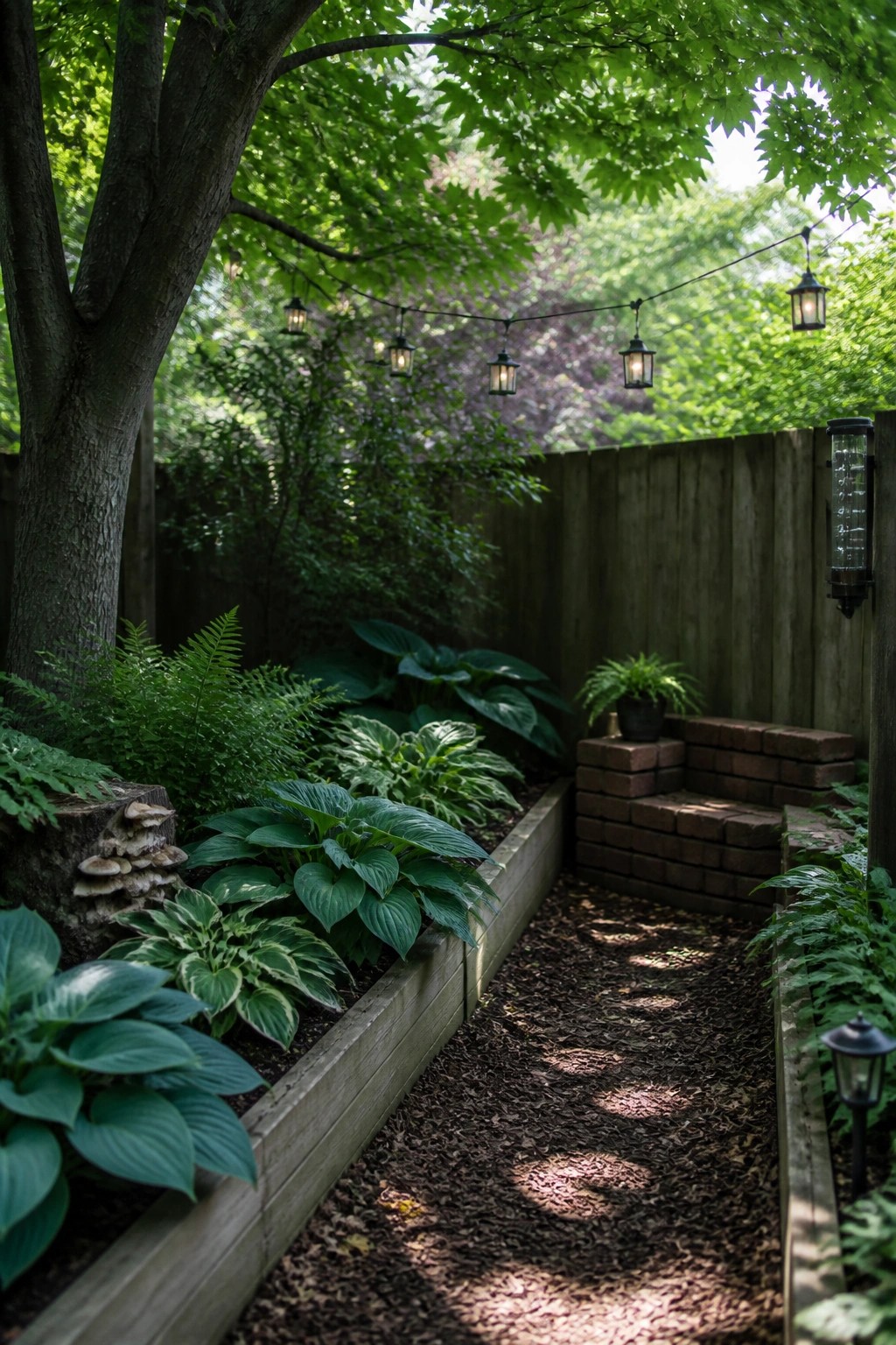 A backyard view showing long wooden raised garden beds filled with hostas and ferns on both sides of a mulched path, with string lights overhead and a wooden fence in the background.