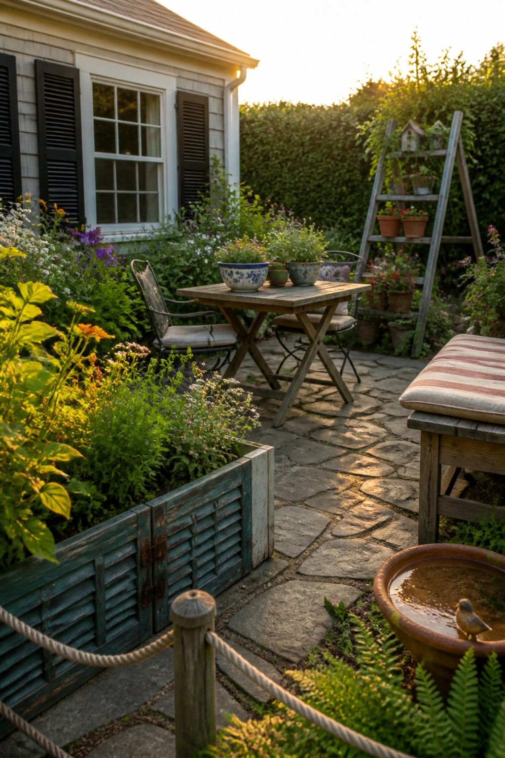 A backyard garden with a raised bed built from distressed blue wooden shutters, a stone path, potted plants on a wooden table, and a birdbath in the foreground.