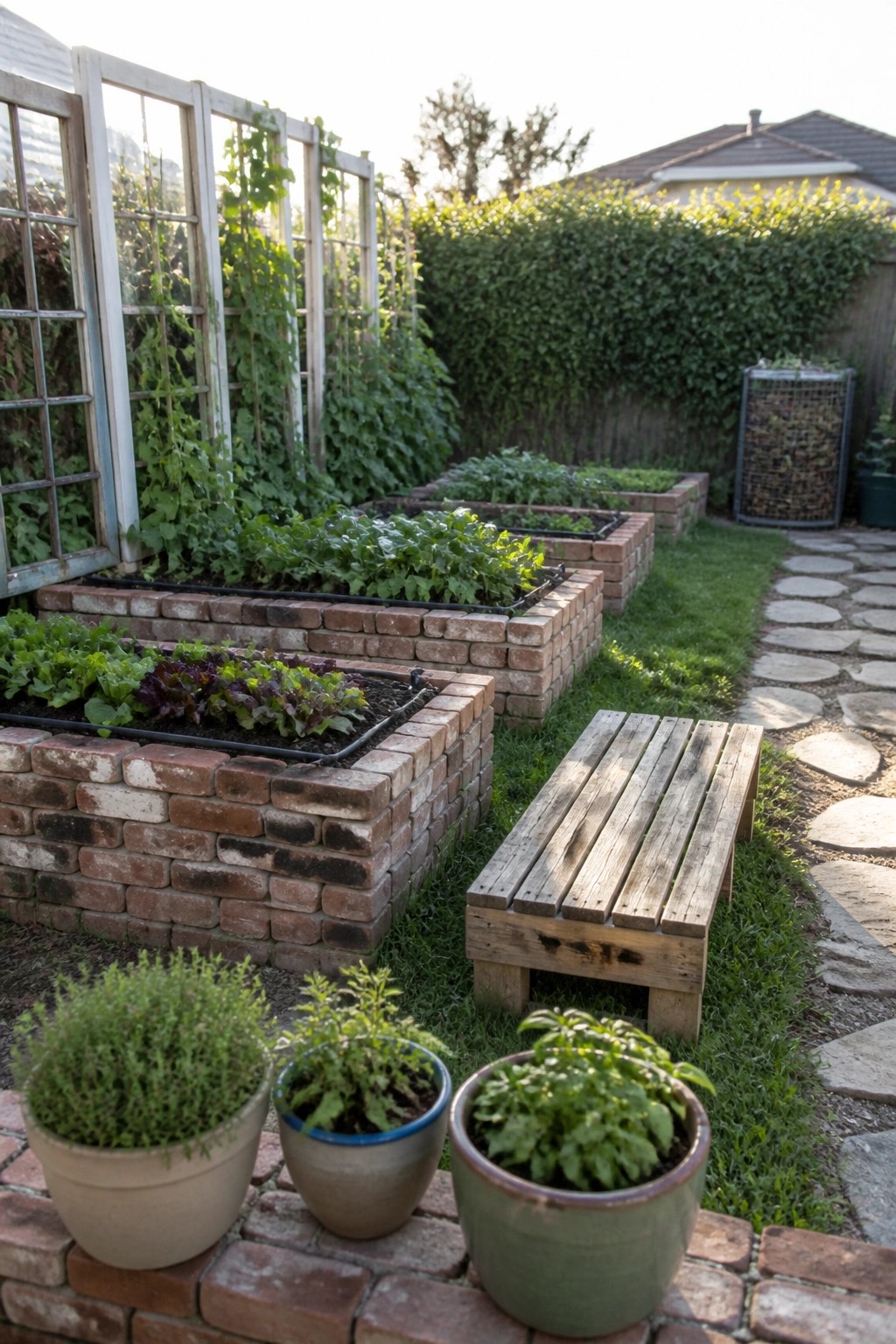A backyard scene with several raised garden beds made of brick, filled with leafy plants, a wooden bench nearby, and potted herbs in the foreground.