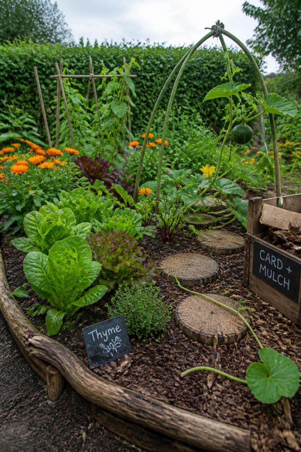 A raised garden bed bordered by a curved log, filled with leafy greens, herbs, flowers, and a squash plant growing on a trellis, with wood chip paths and a sign for cardboard mulch.