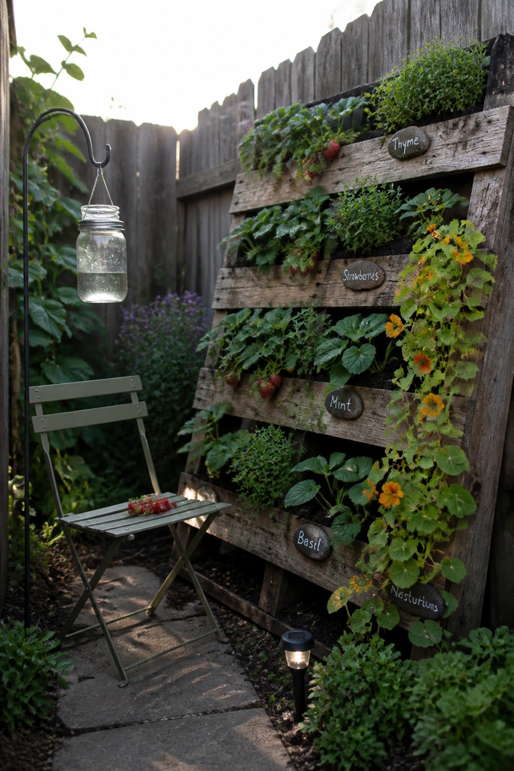 A wooden pallet leaned against a fence and used as a vertical garden with multiple rows of herbs, strawberries, and flowers, next to a small folding chair on a stone path.