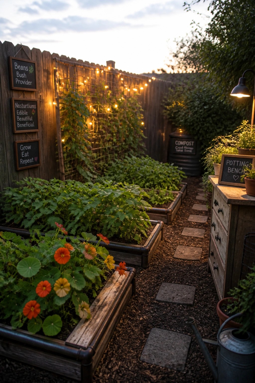 A backyard garden featuring several wooden raised beds planted with leafy greens and colorful flowers, a stone path, chalkboard plant signs on a fence, and a potting bench on the right.
