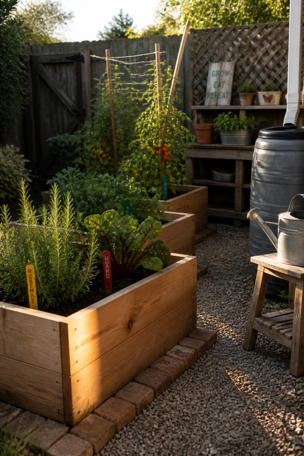 Several rectangular wooden raised garden beds filled with herbs and leafy vegetables sit on a gravel surface beside a fence and a metal rain barrel.