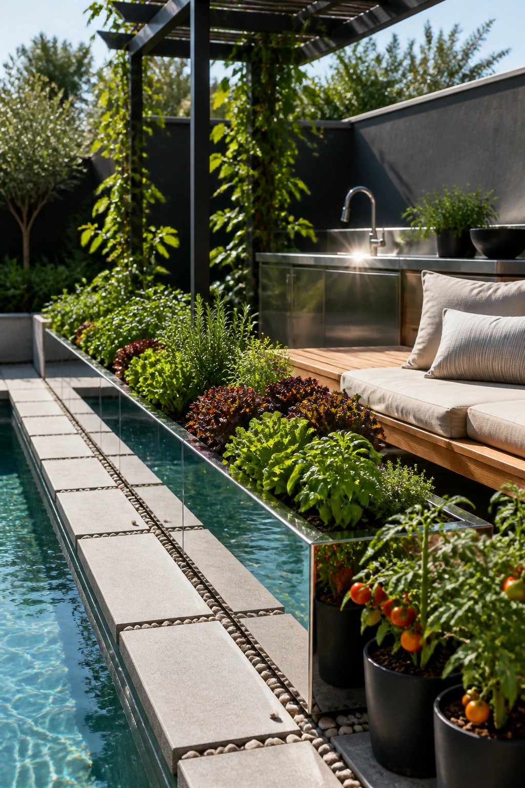 Modern patio with pool, raised herb garden, wooden bench, and potted tomatoes