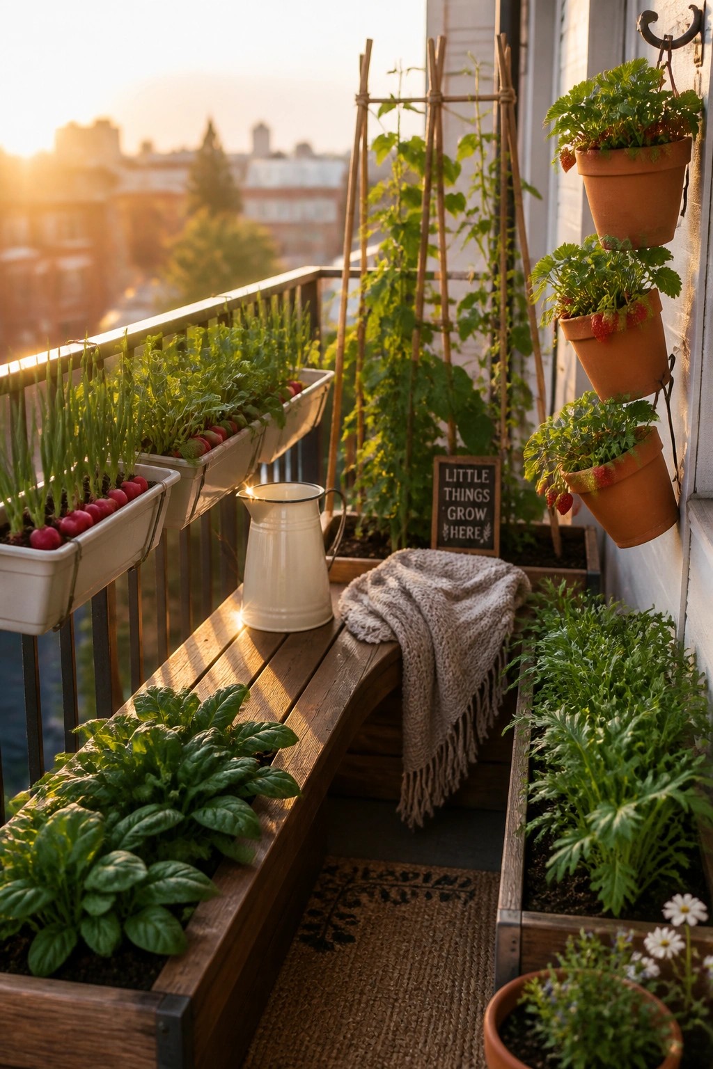 Balcony with vegetable planters mounted on the railing, climbing plants on a trellis, and hanging pots on the wall.
