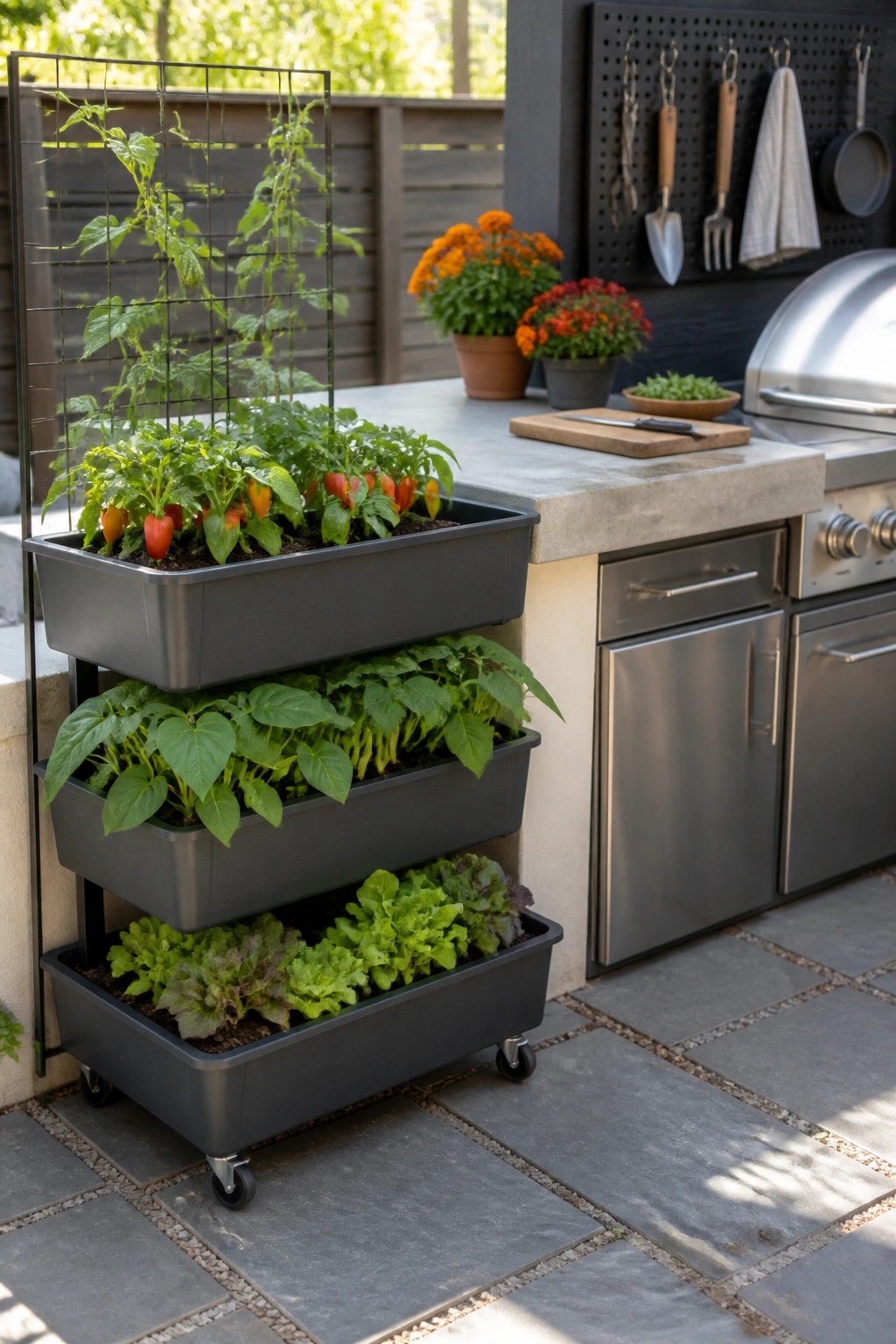 Three-tiered gray rolling planter with vegetables and a trellis stands beside an outdoor kitchen counter and grill.