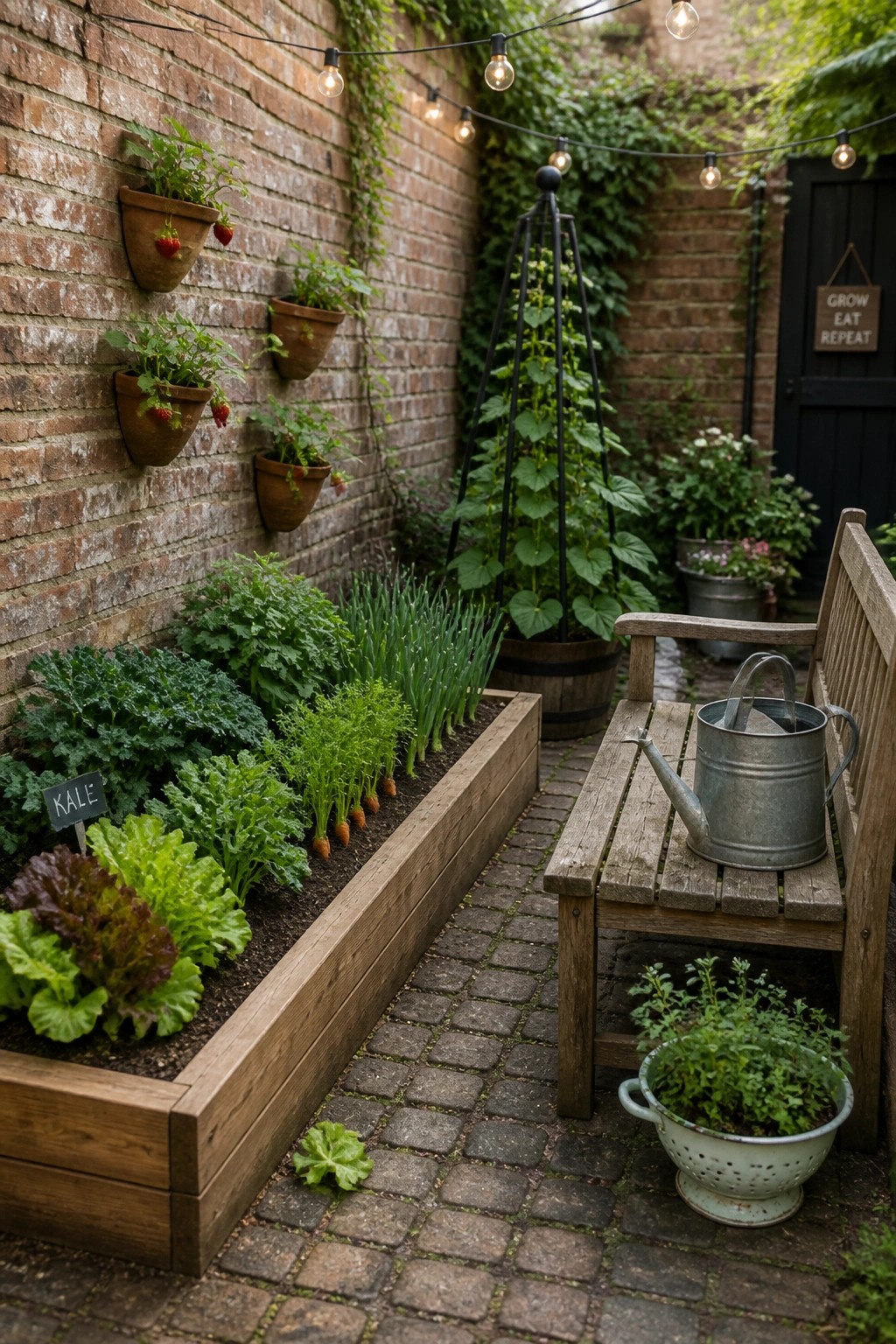 A narrow garden path with a long wooden raised bed of vegetables along a brick wall that has several terracotta pots mounted on it, plus a wooden bench holding a metal watering can.
