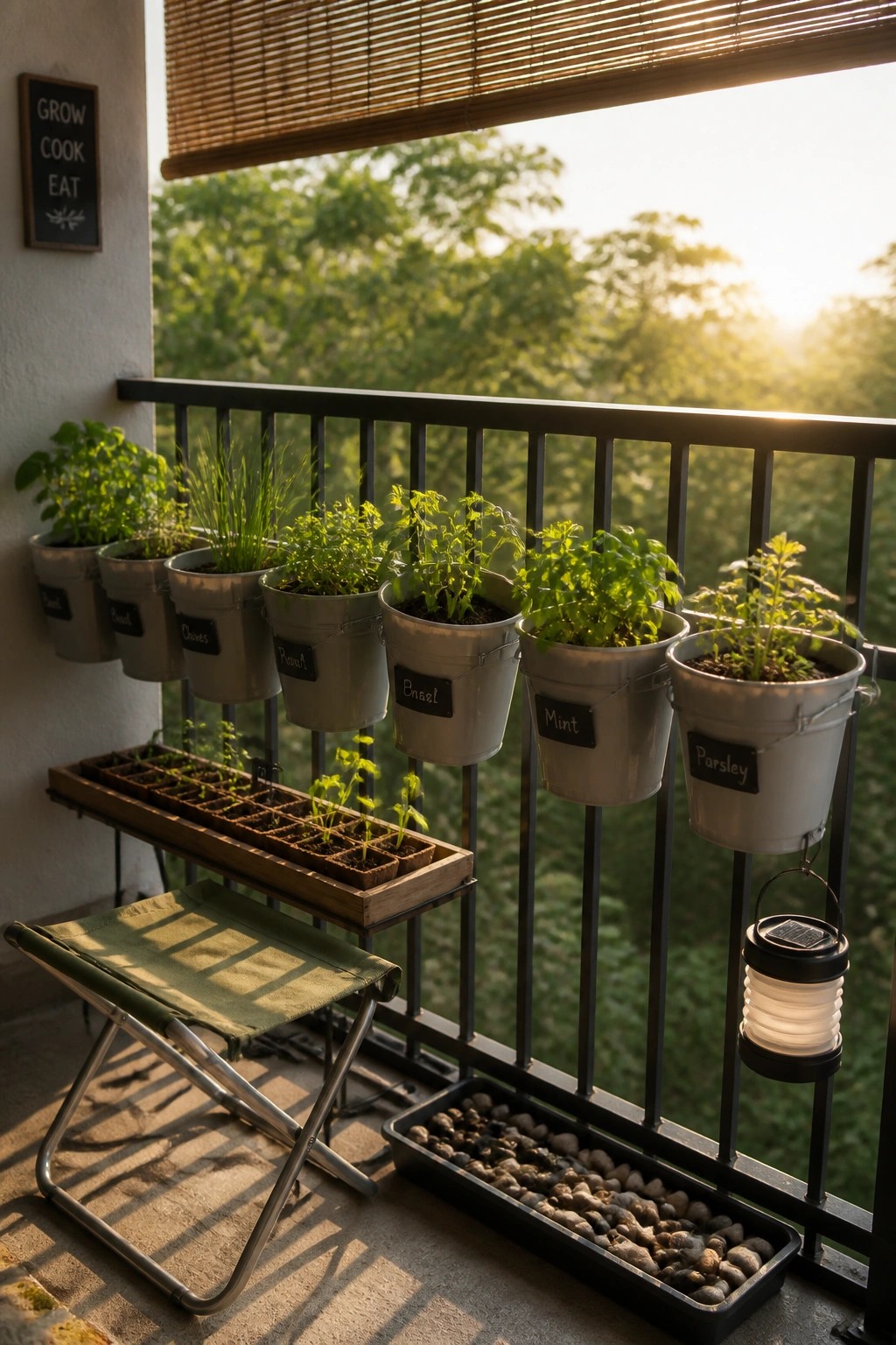 Balcony with metal buckets of herbs hanging from a black railing, a wooden seedling tray on a folding stool, and a solar lantern nearby.