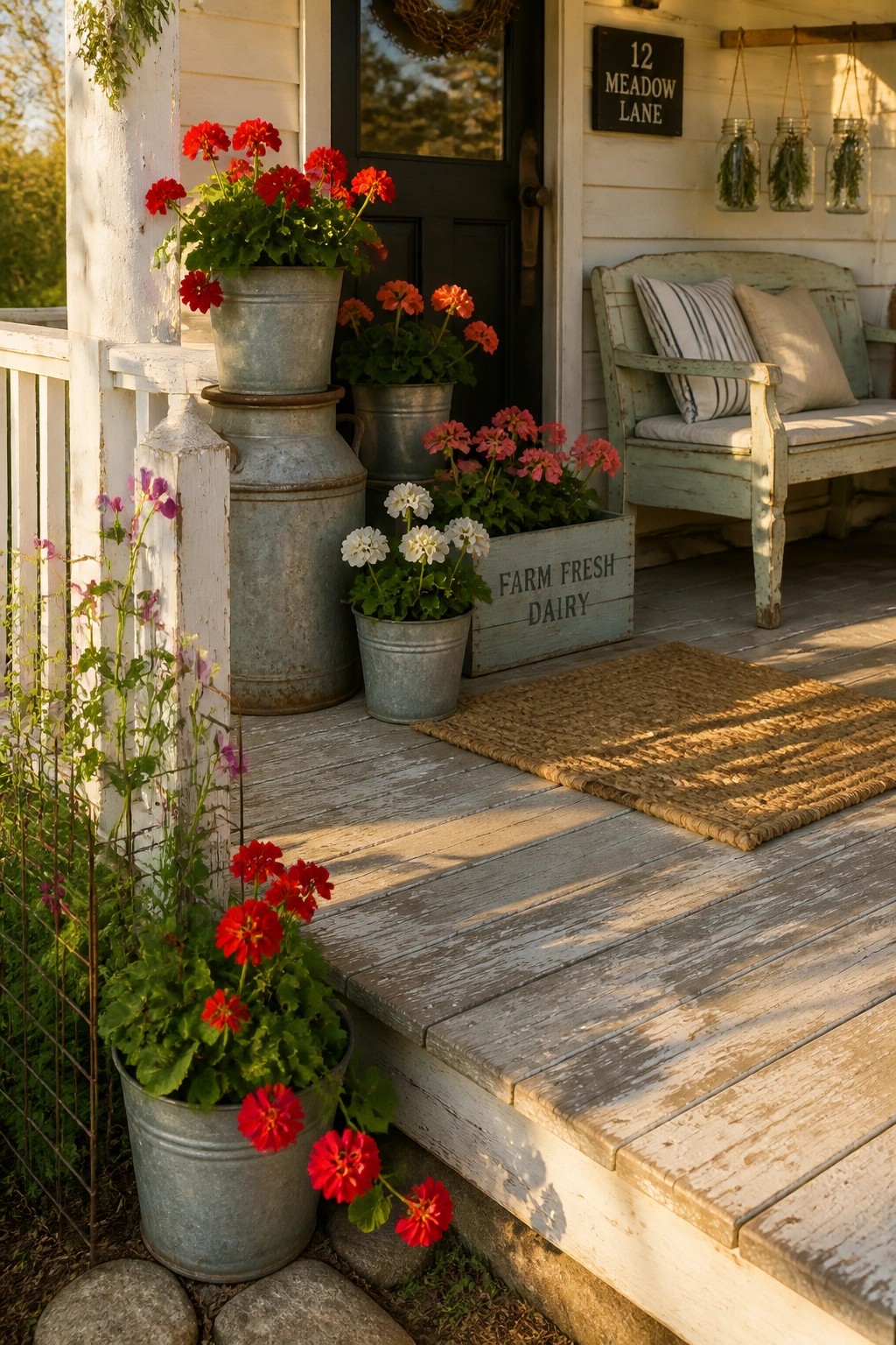 A front porch with red, pink, and white flowers growing in metal buckets and a wooden dairy crate placed on the steps beside a black door.