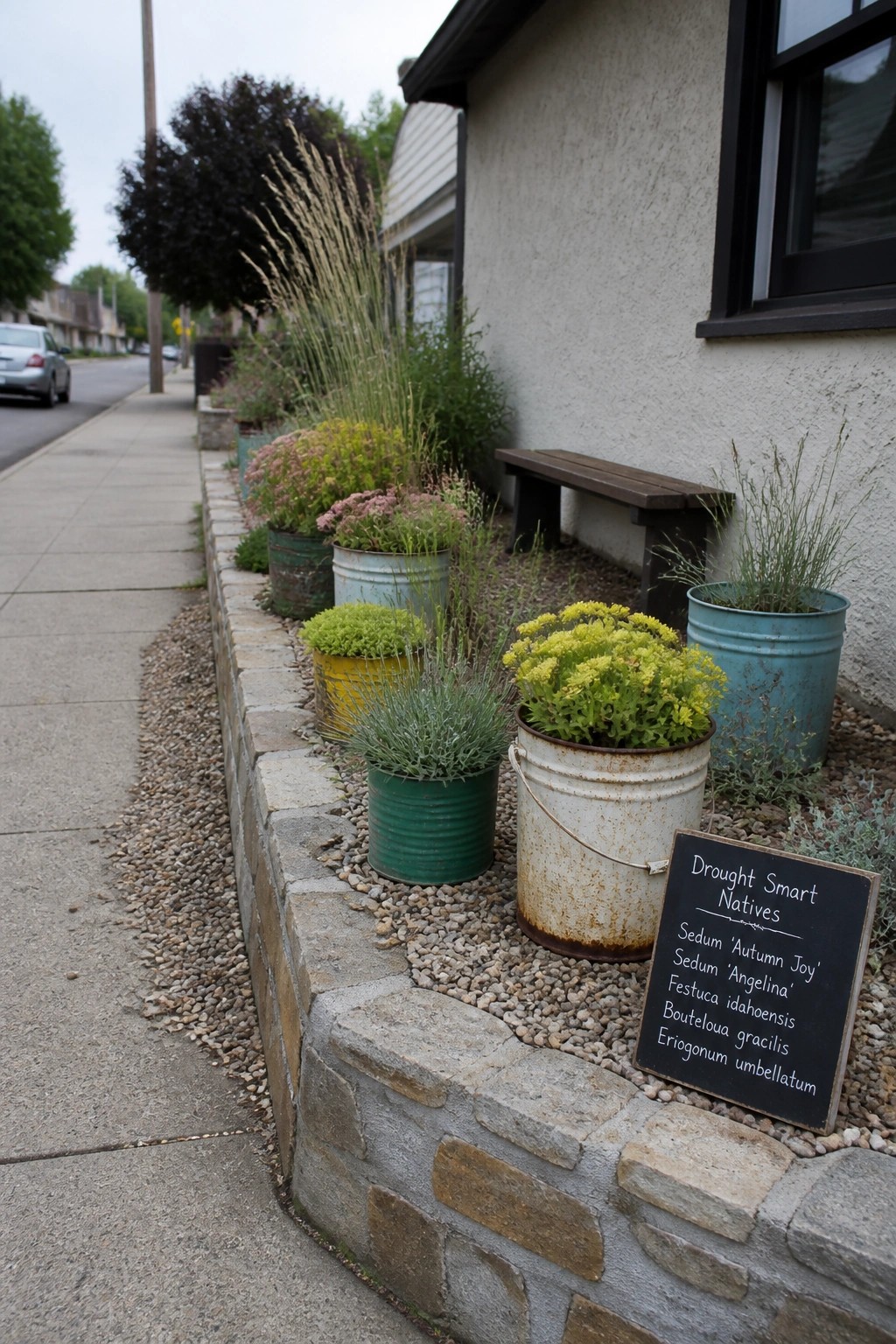 Plants in colorful buckets line stone wall beside sidewalk with sign.