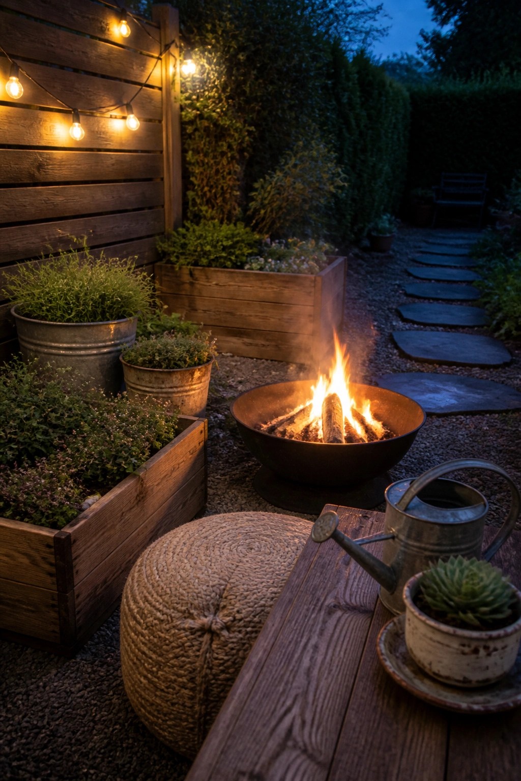 A dusk view of an outdoor fire pit area with plants growing in metal buckets and wooden crates, surrounded by a gravel path and string lights.