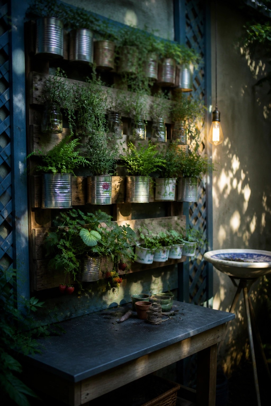 A wooden pallet mounted vertically on an outdoor wall holds rows of recycled tin cans, glass jars, and small pots used as planters with various green plants, with a work table below.