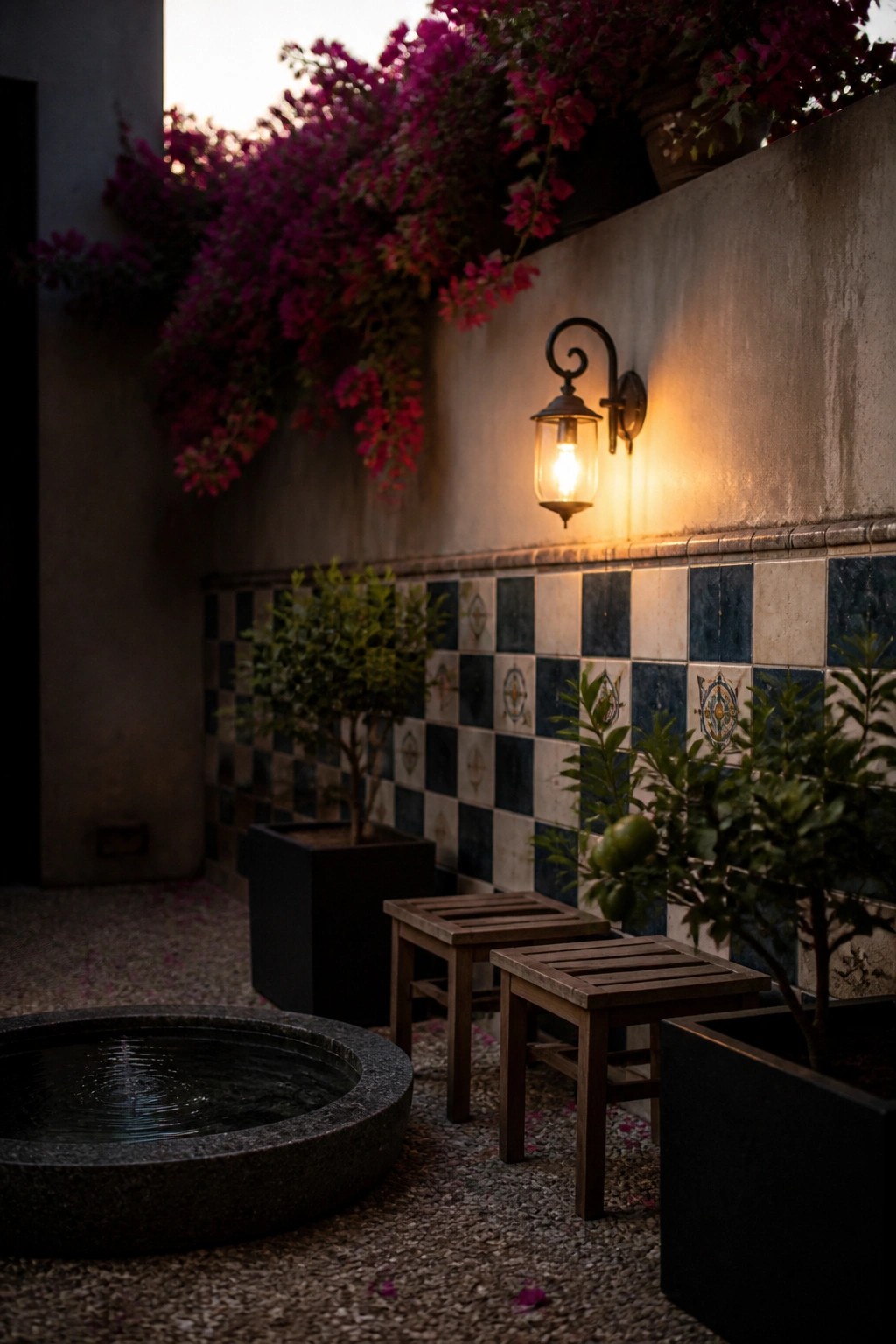 A small outdoor corner featuring a round stone water basin on gravel, several potted plants, two wooden stools, and a lit wall lantern against a blue and white tiled wall with hanging bougainvillea.