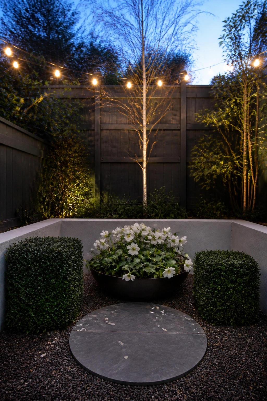 A small enclosed garden corner with a black bowl planter holding white flowers, two boxwood shrubs on either side, a round gray stone on gravel, and string lights above.