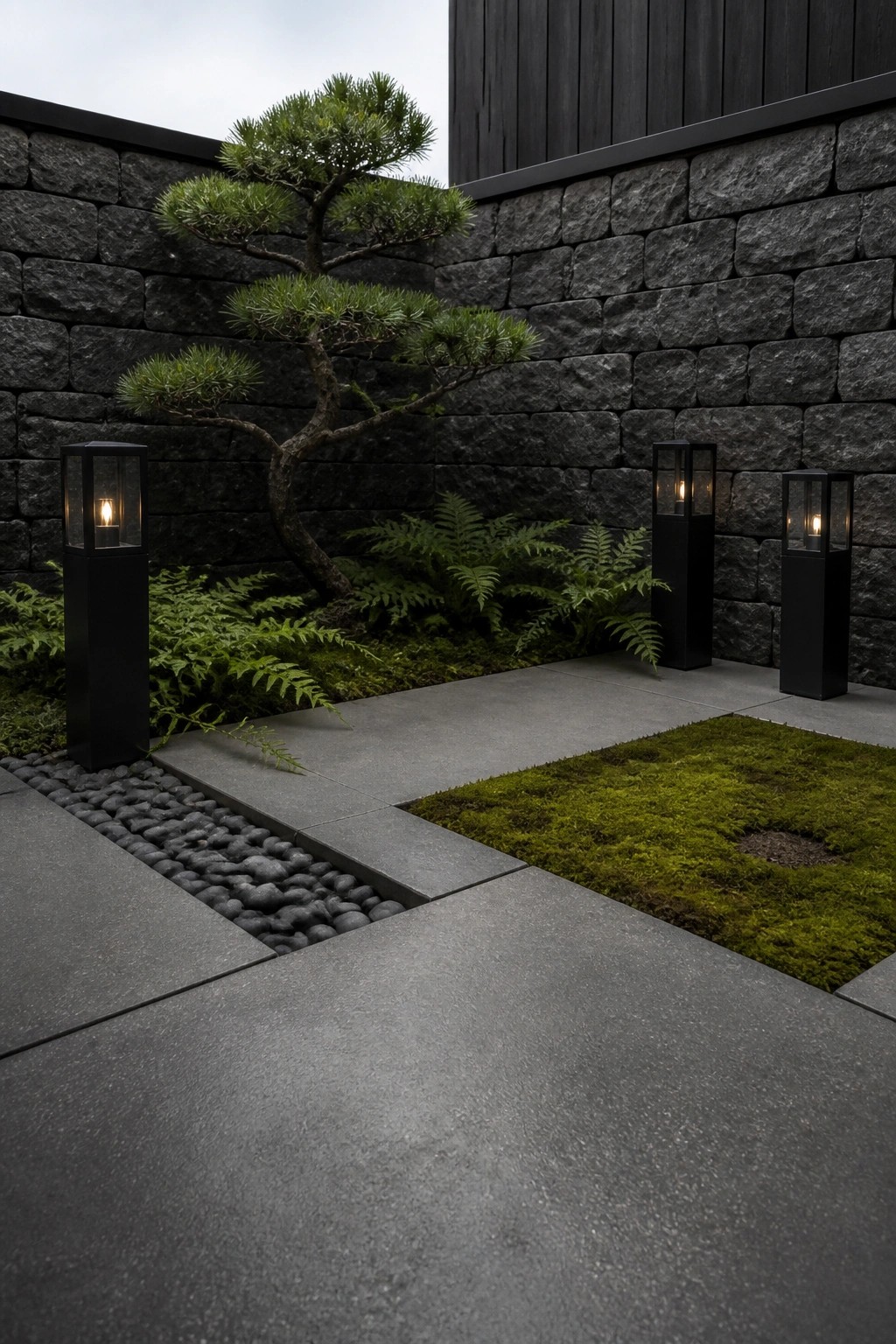 Modern zen courtyard with pine tree, ferns, moss, lanterns and dark stone walls.
