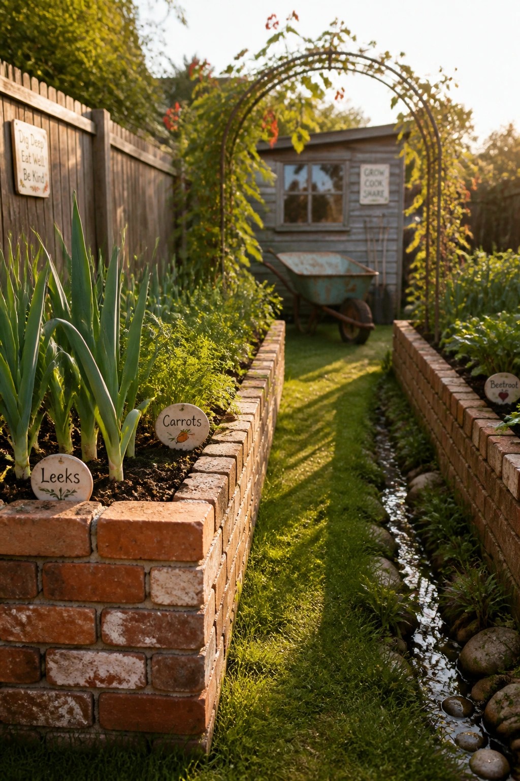 Two raised brick vegetable beds with plant markers line a narrow grass path beside a small stream, with a shed and wheelbarrow visible in the background.