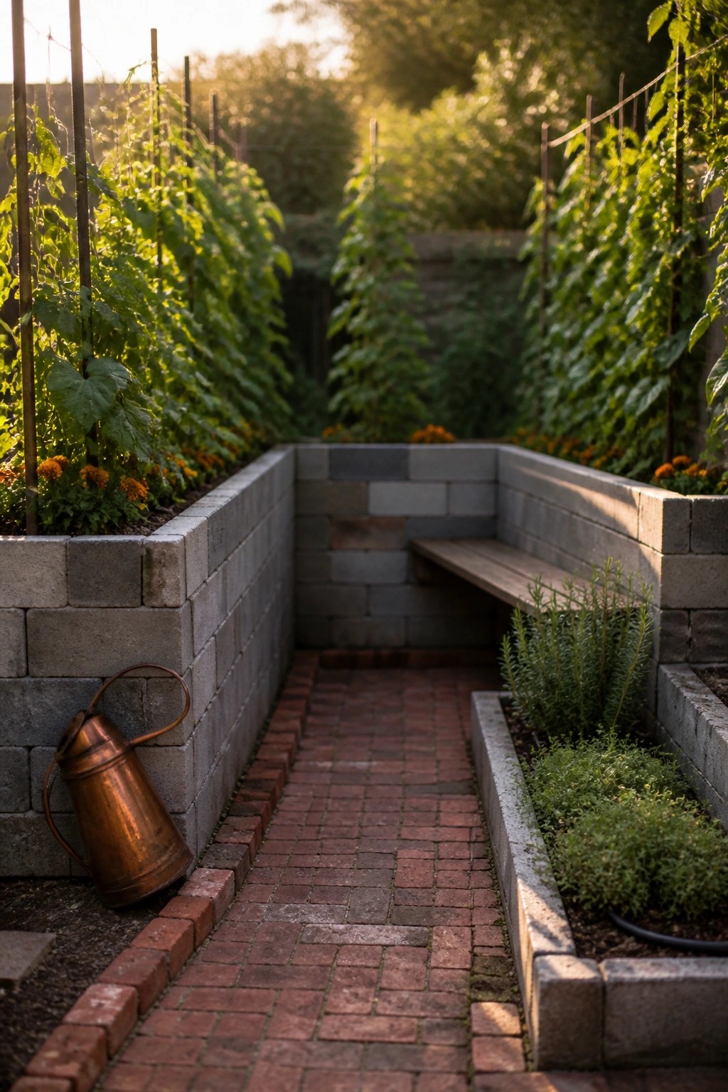 A narrow brick path between two raised garden beds built from gray concrete blocks, with vining plants on metal trellises and a copper watering can beside one bed.