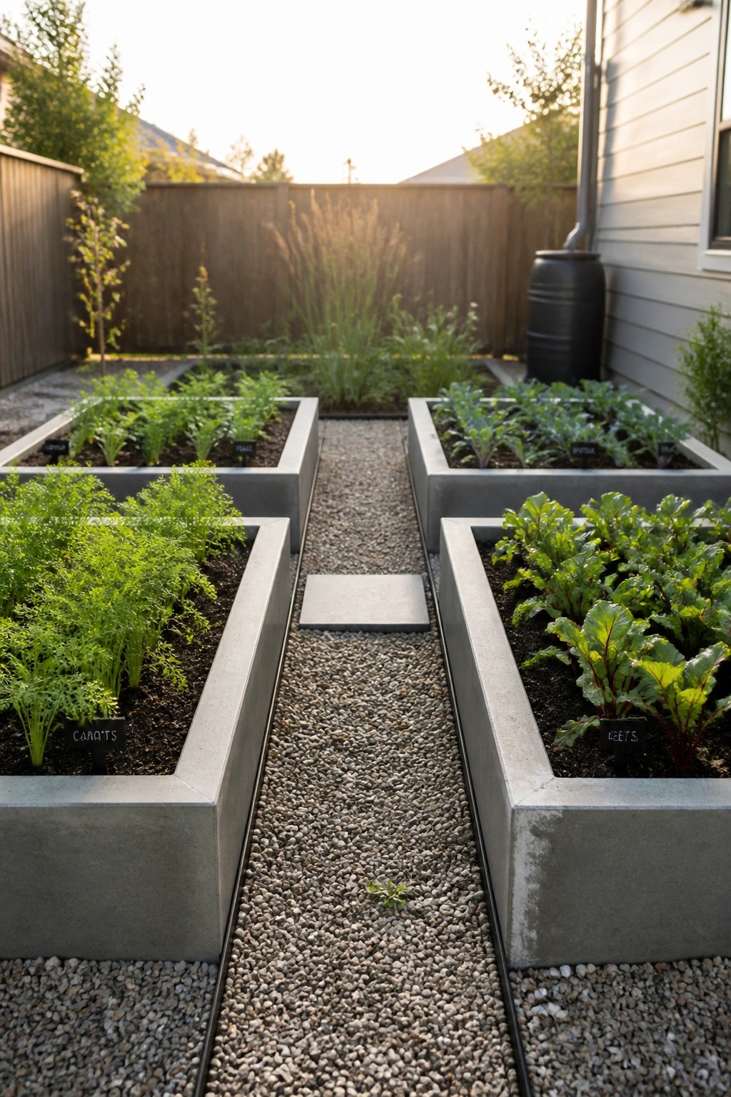 Two parallel rows of rectangular gray concrete raised garden beds containing vegetables sit on either side of a gravel path in a backyard.