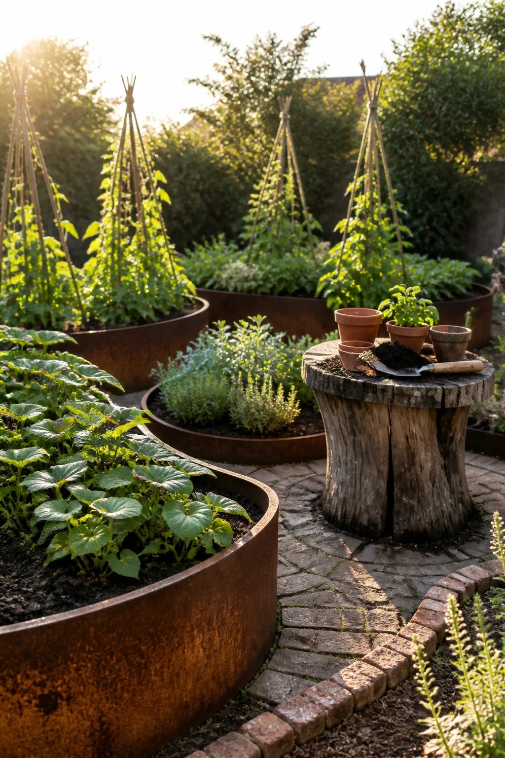A backyard with several curved metal raised garden beds containing vegetable plants, wooden trellises, and a brick pathway running between them.