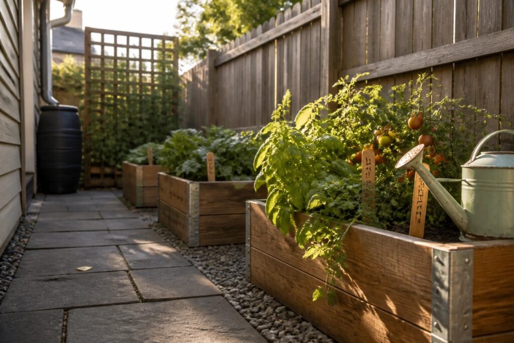 Raised wooden beds with tomato plants and watering can beside stone path