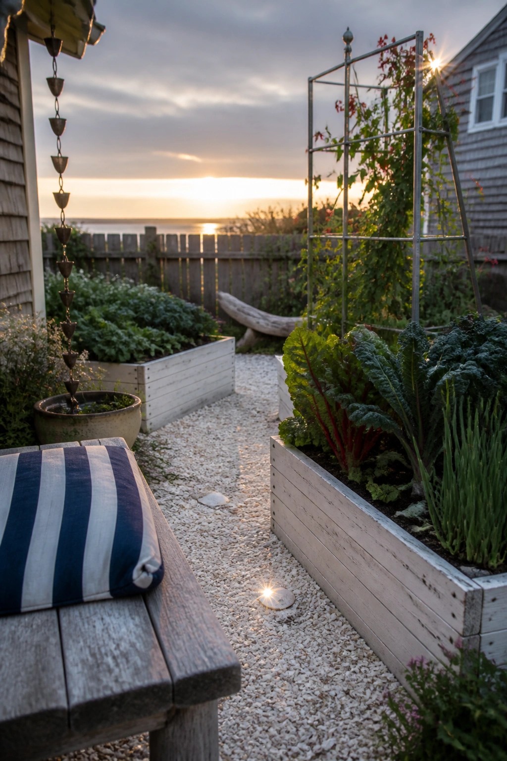 Wooden bench with striped cushion in coastal garden at sunset with raised beds